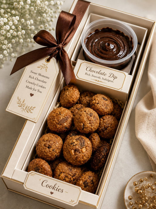 A gourmet gift box of chocolate chip cookies and chocolate dip, beautifully arranged in a cream-colored box with a brown ribbon. The box contains a variety of chocolate chip cookies and a clear cup of rich chocolate dip, with decorative tags that read 'Cookies' and 'Chocolate Dip'.